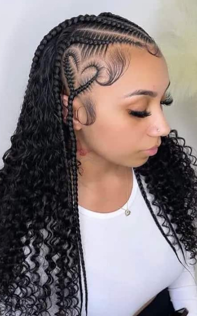 Straight Back Cornrows with Curled Ends and Heart Design